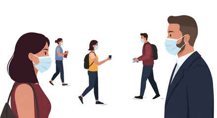 Illustration People Wearing Masks For Covid Protection With Transparent BG