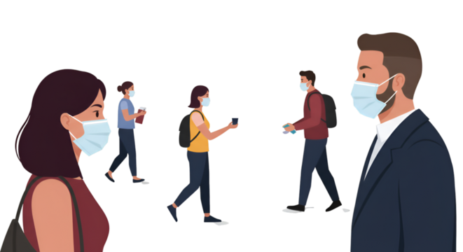 Illustration People Wearing Masks For Covid Protection With Transparent BG