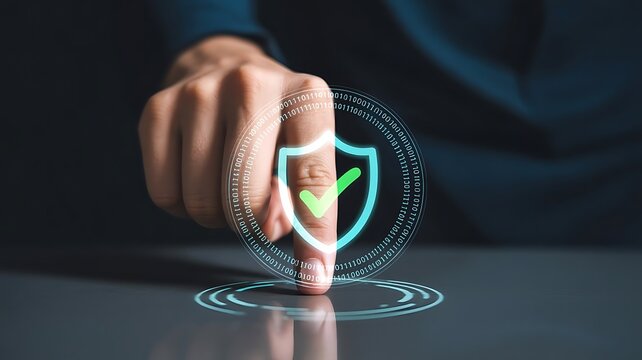 Finger touching digital shield with binary code for cybersecurity protection