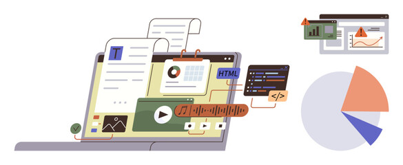 Laptop with diverse tools thumbs up charts, HTML code, audio, and text files. Graph and pie chart elements symbolize data presentation. Ideal for coding, web design, analytics, teamwork education
