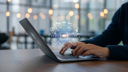 Person using a laptop with an ai interface and digital icons floating above