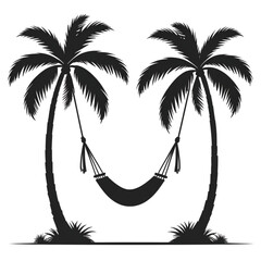 silhouette of two gently leaning palm trees holding a hanging hammock between them