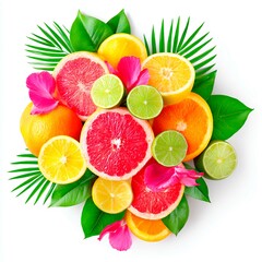 bouquet of tropical flowers and fruits on white background