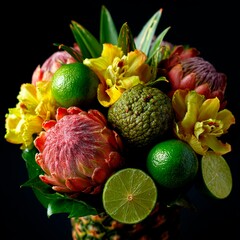 bouquet of tropical flowers and fruits on a dark background
