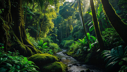 Obraz premium Tropical rainforest river flowing through lush green vegetation