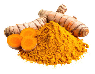 Fresh turmeric root with bright yellow powder spice and sliced pieces showing vibrant orange interior
