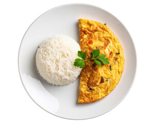 Thai style omelet with jasmine rice served on white plate garnished with cilantro