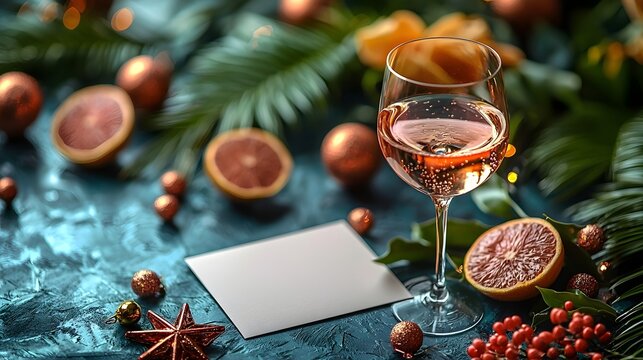 A glass of wine and festive deco ns on a farewell party invitation with a blank card