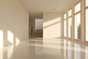 Obraz premium A large, empty room with a staircase and a refrigerator. The room is very bright and clean, with a lot of natural light coming in through the windows. The space feels open and airy.