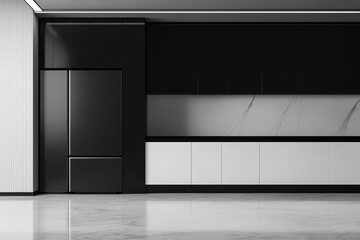 A large white wall with a black countertop in front. Modern kitchen interior with black and white cabinets minimalist design and an adjacent empty wall for mockup.