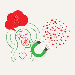 Minimal vector illustration of a human head with brain and heart vibration symbols, a compass and a magnet, symbolizing alignment of thoughts, emotions, and intentions to manifest goals.
