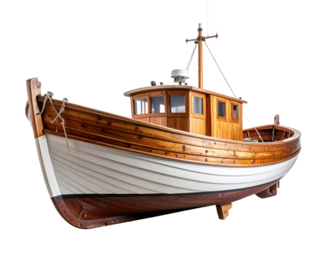 Classic wooden fishing boat with white hull and wooden cabin featuring mast and rigging on display stand