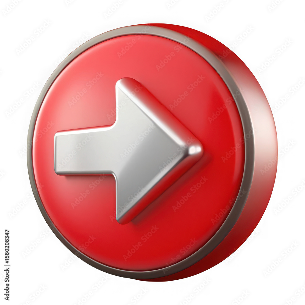 Poster glossy red circular button with a metallic silver right arrow icon isolated on transparent backgroun