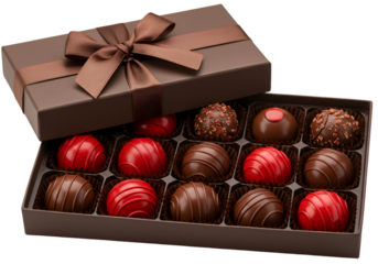 Isolated Luxury Brown Chocolate Truffles Box with Gift Ribbon on Transparent