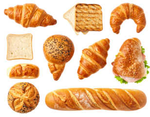 Assorted fresh baked goods including croissants, bread, rolls and pastries isolated