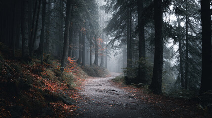 Obraz premium A misty forest path leads through a tranquil, yet mysterious, wooded landscape