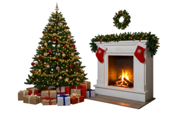 Illustration of Christmas Tree with Fireplace Presents and Transparent Background