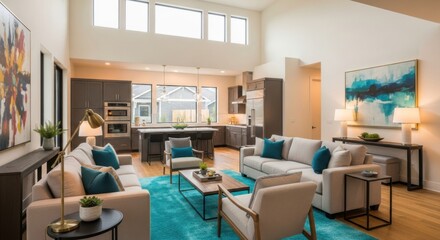 Modern Open Concept Living Room and Kitchen with Teal Accents and Large Windows