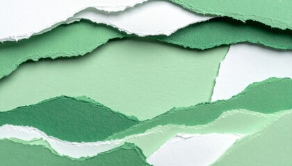 torn paper background, Layered torn paper in shades of green and white creating a natural abstract background. Soft edges and overlapping textures form a calm, organic composition ideal for eco design