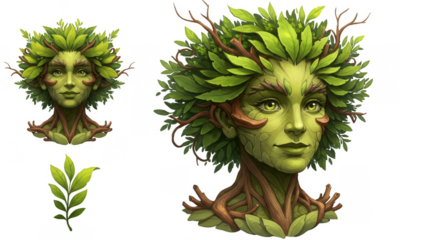 Illustration Woman with Green Leaf Tree Crown Transparent BG