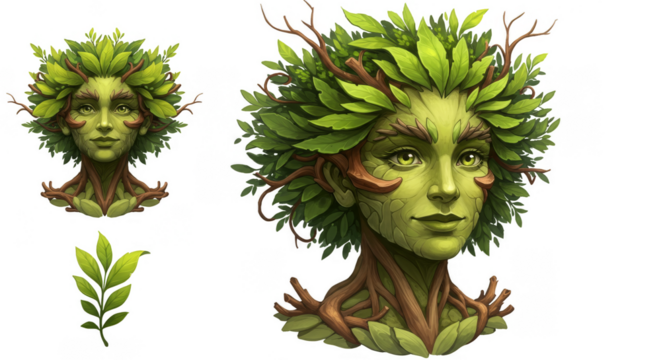 Illustration Woman with Green Leaf Tree Crown Transparent BG