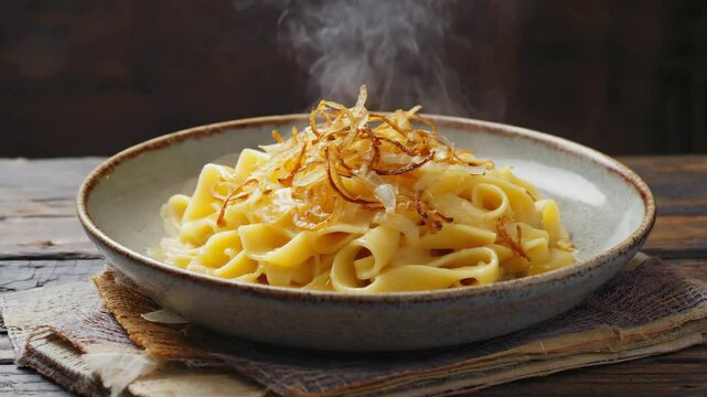 Traditional German dish,K&auml;sesp&auml;tzle,  Close-up of sp&auml;tzle covered in cheese and fried onions,  Soft indoor lighting, Warm and comforting
