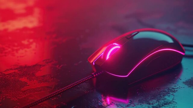 Red neon lights on a gaming mouse. Glowing mouse for gaming enthusiasts.