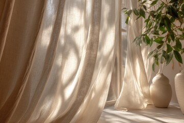 Light beige curtains, sunlit shadows, plant