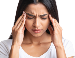 A distressed young woman holds her temples, eyes closed in pain, indicating a severe headache or migraine.