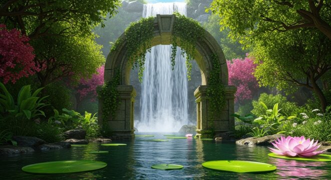 Enchanting Waterfall Archway Surrounded by Lush Verdant Nature and Pink Blossoms - Powered by Adobe