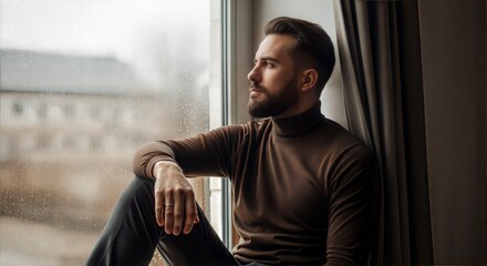 Man Sitting by the Window, Looking Thoughtfully Outside on a Rainy Day, Evoking a Sense of Reflection and Solitude