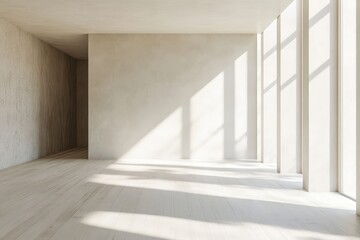 Obraz premium A large, empty room with white walls and wooden floors. Modern office interior with blank wall for mockup.