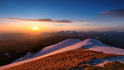 Golden sunrise over snow-capped peaks and grassy ridges in the Carpathian Mountains of Ukraine. A tranquil minimalist landscape blending soft light, shadows, and natural textures of winter.