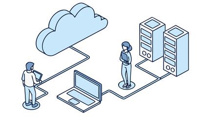 Flat isometric depiction of a team using cloud services: floating server icons above laptops, cables connecting devices, cloud graphic in background, light blues, no text.