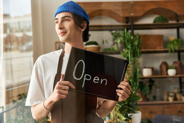 Handsome young man showcasing his plant studio while holding an open sign and wearing a blue beanie