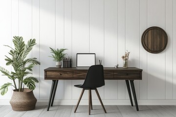 A desk with a chair and a potted plant in front. Modern office interior with blank white wall for mockup template, 3D Rendering.