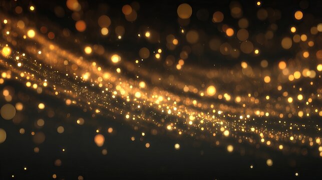 Abstract golden bokeh lights with sparkling dust on black background