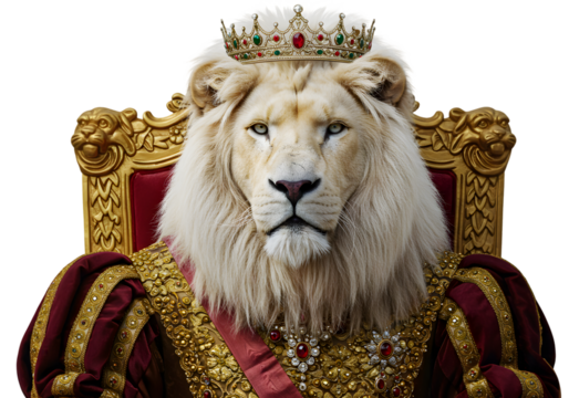 Isolated Majestic Lion King With Crown on Throne Transparent Background