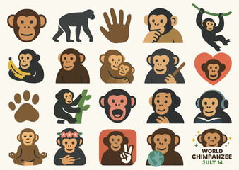 World Chimpanzee Day Icons Set Cute Monkey Face Expressions Collection