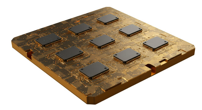 Isolated Abstract Golden Circuit Chip Design 3D Rendering on Black Background
