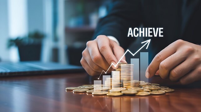 Businessman stacking coins with a rising graph and the word achieve