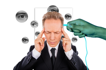 Photo cartoon comics sketch collage picture of tired upset guy needing brain charge isolated creative background