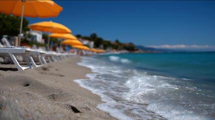 Scenic Summer Beach Landscape in Bulgaria Featuring Tranquil Black Sea, Blue Sky, and Relaxation Vibes, Sunny Beach Bulgaria, Black Sea, coastal tourism, European beach, orange umbrellas,
sunny seasid