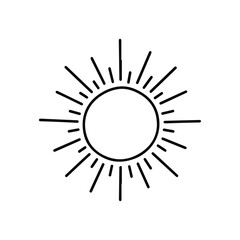 Simple cute hand-drawn vector icon illustration of a sun with solid black central circle and irregular radiating rays in minimalist doodle style on white background