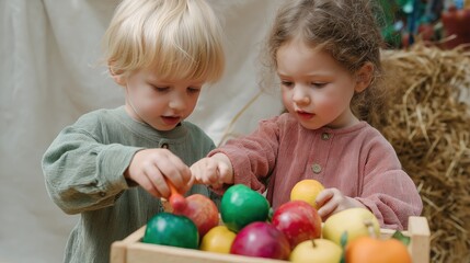 Obraz premium Two young children are playing with a basket of fruit. One child is holding an apple and the other is holding an orange