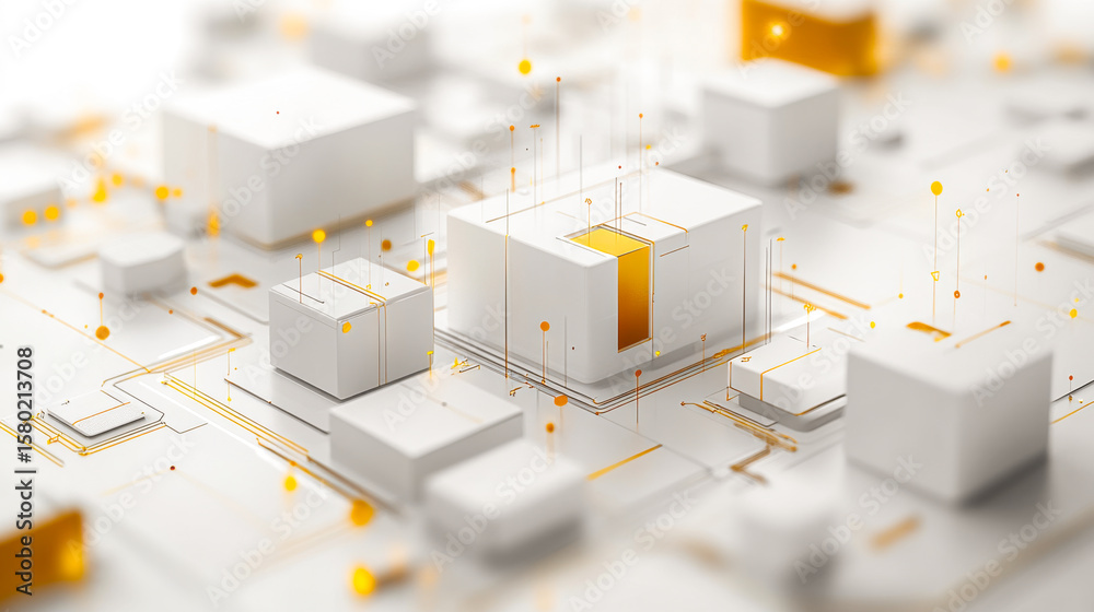 Poster modern architecture design featuring white structures and golden accents with digital circuit elemen
