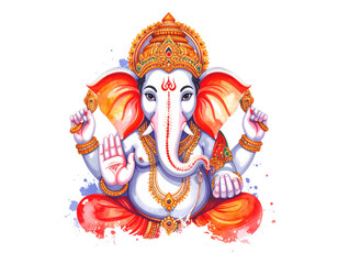 Colorful watercolor illustration of Hindu deity Ganesha with ornate crown and jewelry in traditional pose