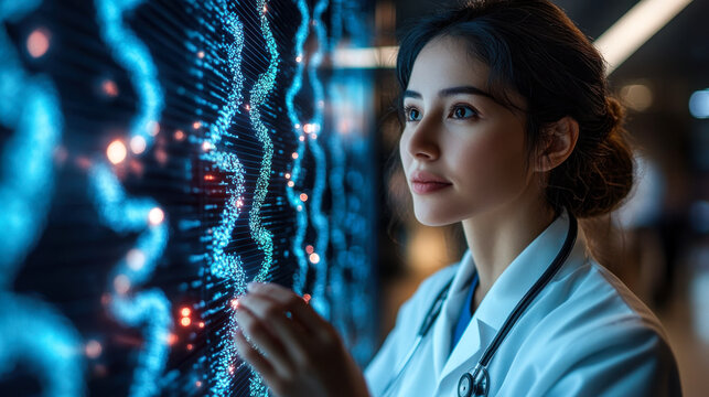 Medical professional examining digital DNA strands in a modern laboratory setting during evening