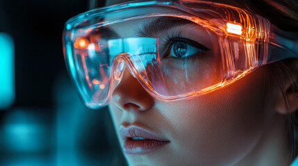 Futuristic eyewear technology showcased by a young woman in a modern urban environment during a tech exhibition