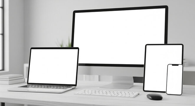 Professional Workspace Tech Mockup: Laptop, Monitor, iPad & Smartphone with Keyboard & Mouse (4K).